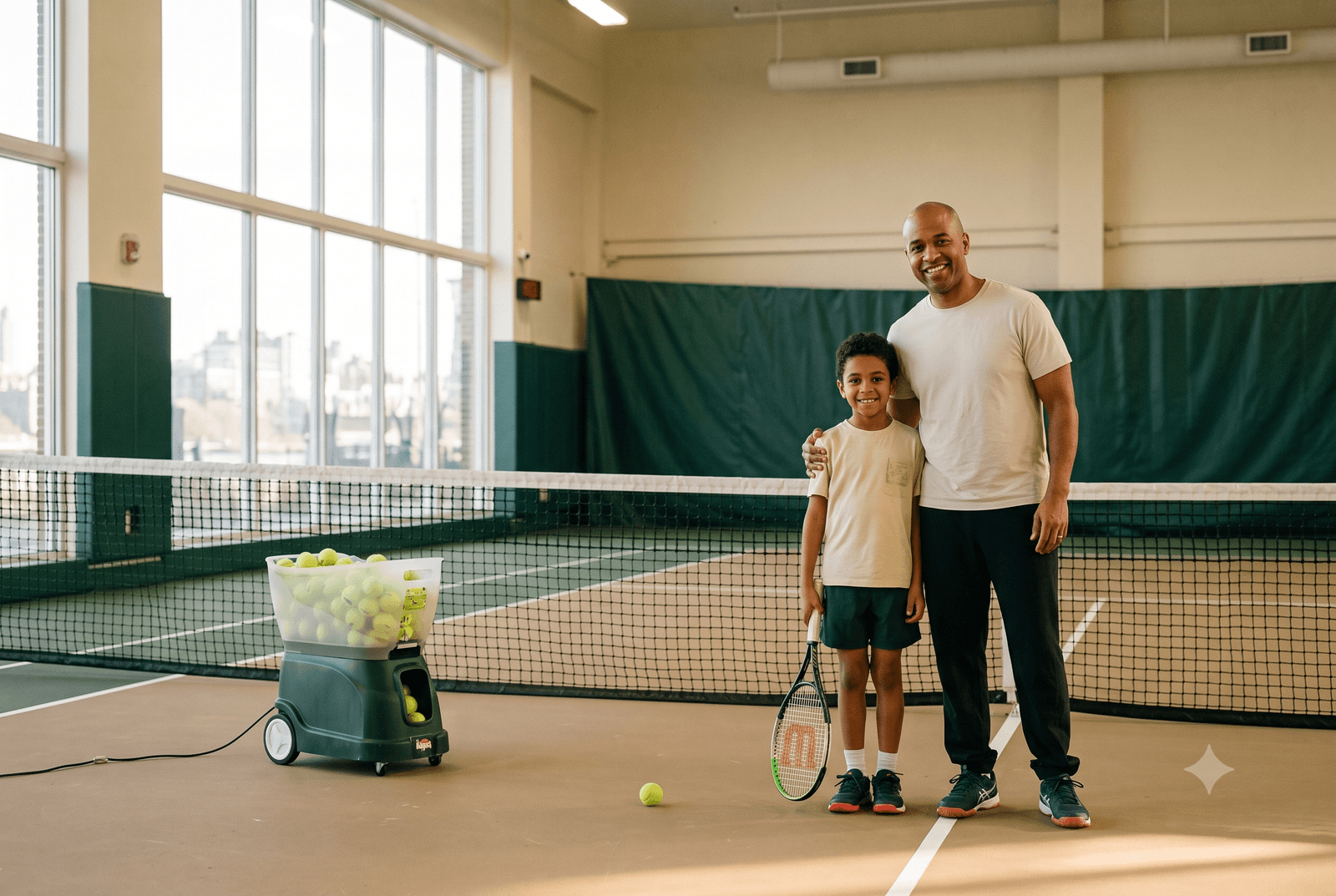 A parent and child beside the ball machine on a Tennis Terminal court