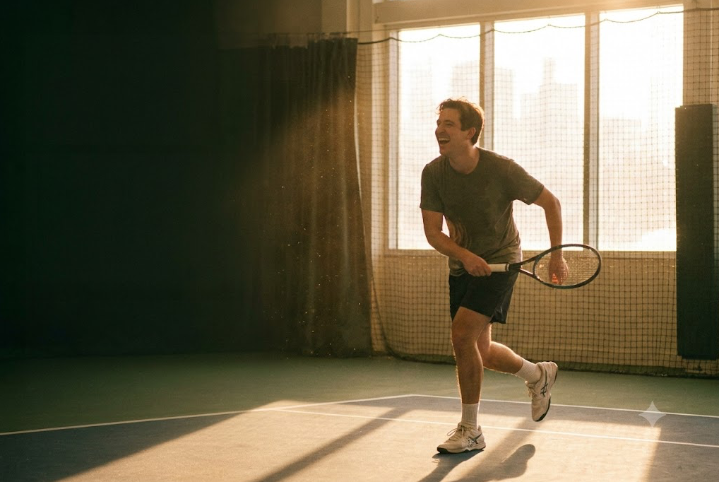 A player mid-rally, laughing, in warm light at Tennis Terminal