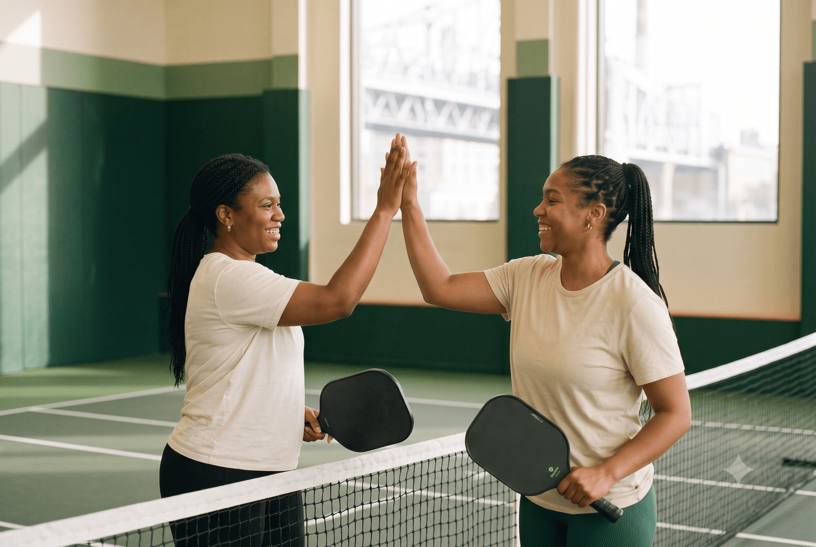 Two friends sharing a high-five over the net after pickleball at Tennis Terminal