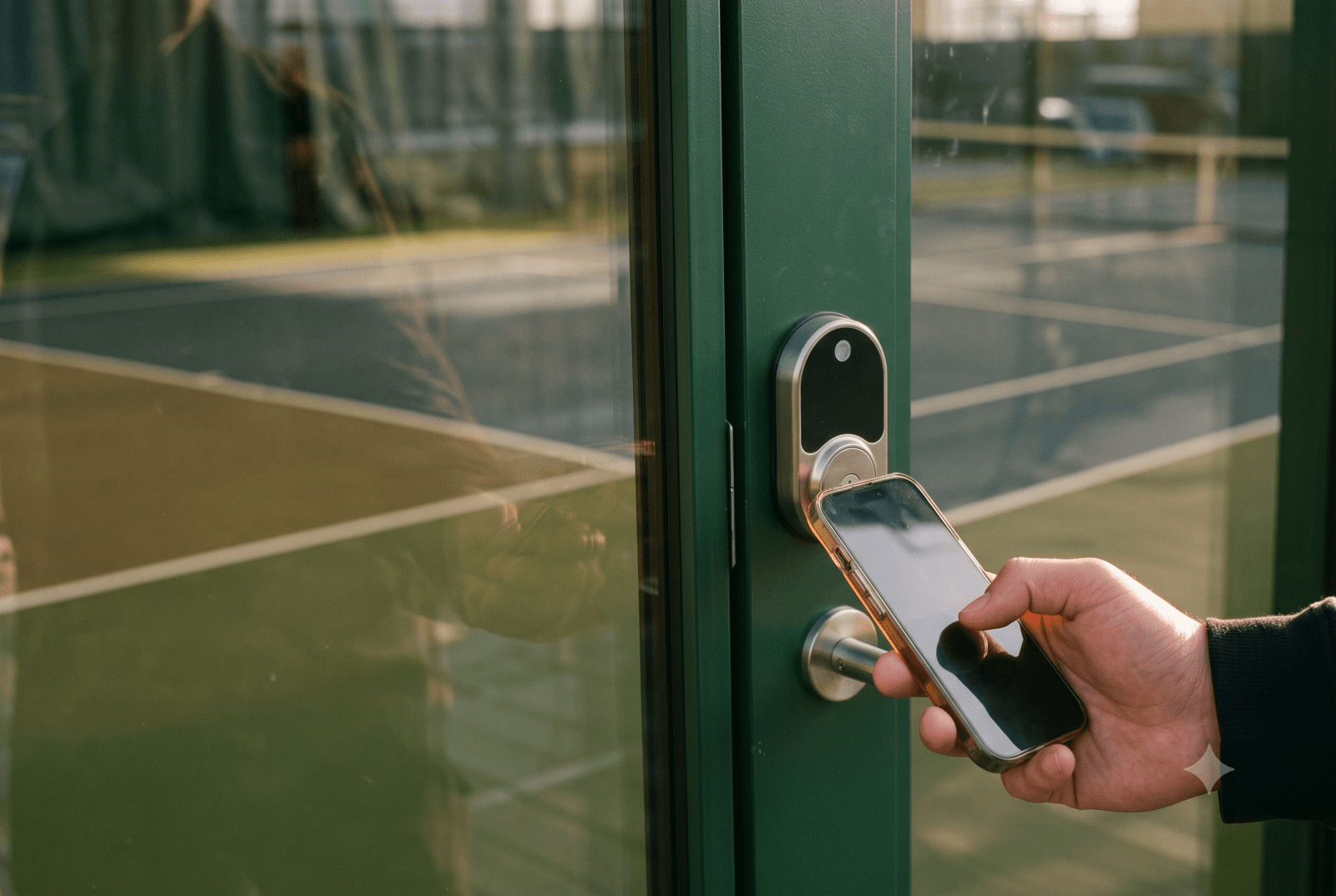 A hand tapping a phone to the smart lock on a Tennis Terminal bay door